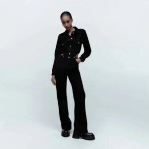 NWT Zara black full length denim jumpsuit with cut outs at waist, XS